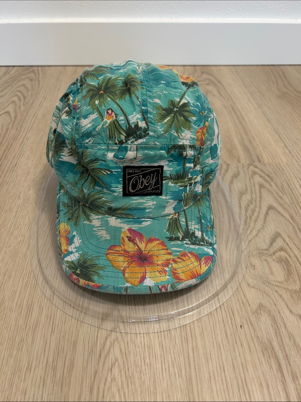 Y2K vtg Obey Teal Tropical 5-panel floral beach summer surf strap-back dad cap